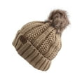 thumbnail image 3 of C.C Fleece Lined Cable Knit Faux Fuzzy Fur Skull Cap Beanie With Pom, Camel, 3 of 5