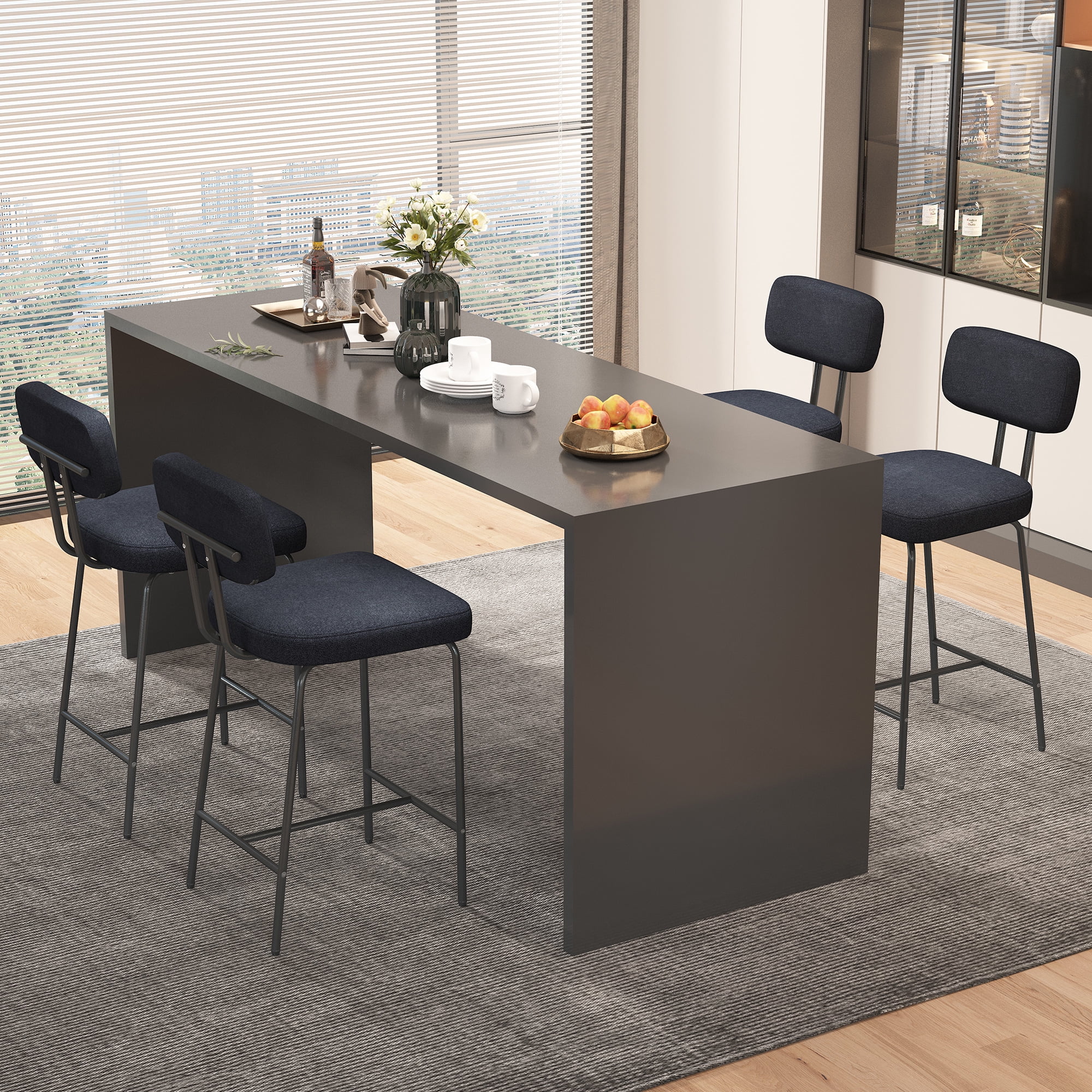 HomeZeer Counter Height Bar Stool Chairs Set of 4, 26" Kitchen Island Barstools with Back and Footrest, Square Line Fabric Upholstered Bar Chair ,Black