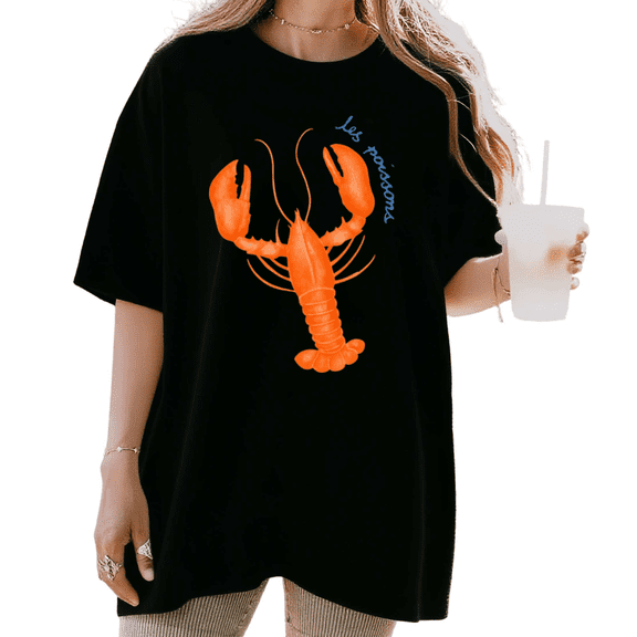 Women's Orange Lobster "Les Poissons" Graphic T Shirt Seafood Coastal Print Breathable Short Sleeve Round Neck Top Black S-5XL