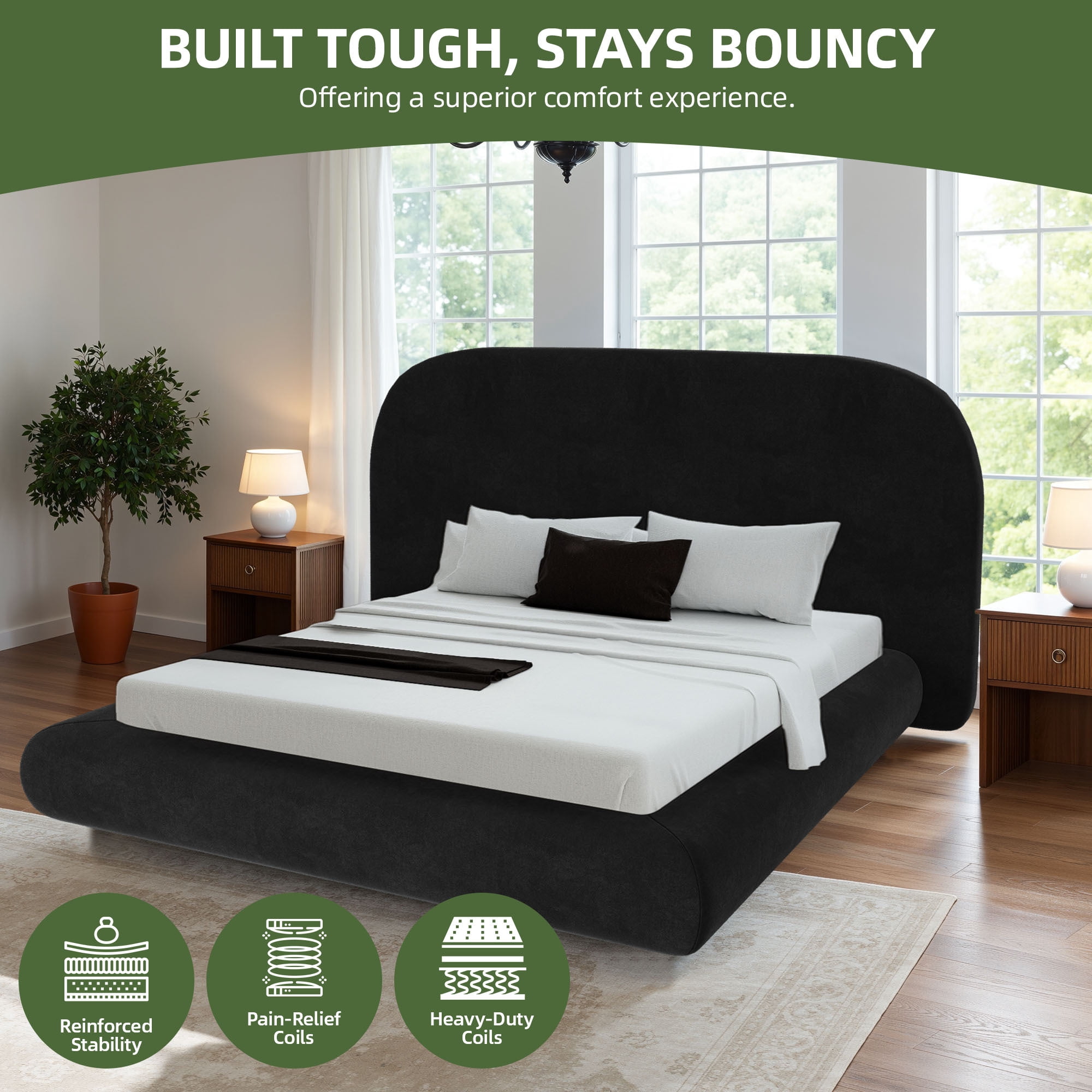 Uforic King Size Velvet Upholstered Platform Bed Frame, Modern Cloud Soft Bed with Rounded Corner Headboard & Footboard, Black