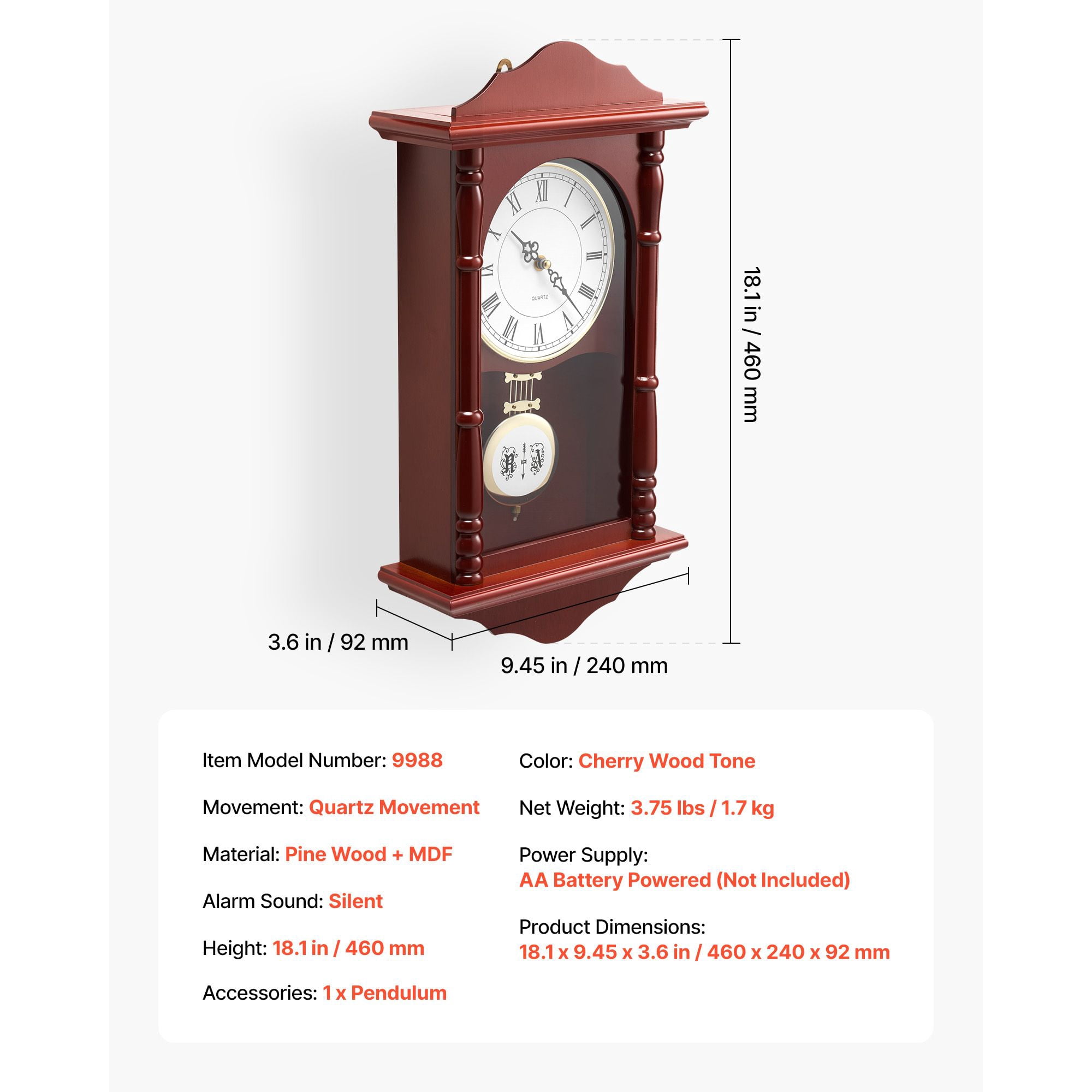Grandfather Pendulum Clock 18 Inch Pine Wood Silent Quartz Movement for Living Room Bedroom