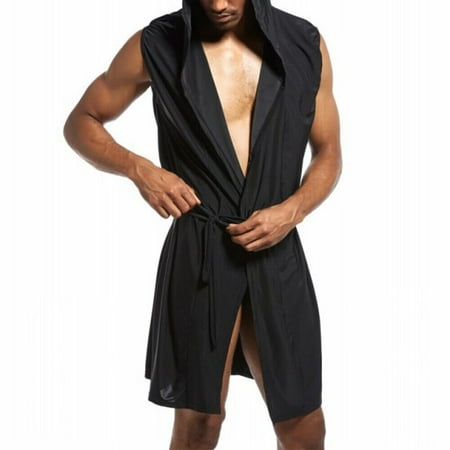 

Men Ice Silk Hooded Bathrobe Pajamas Sleepwear Bath Robe Nightwear Loungewear