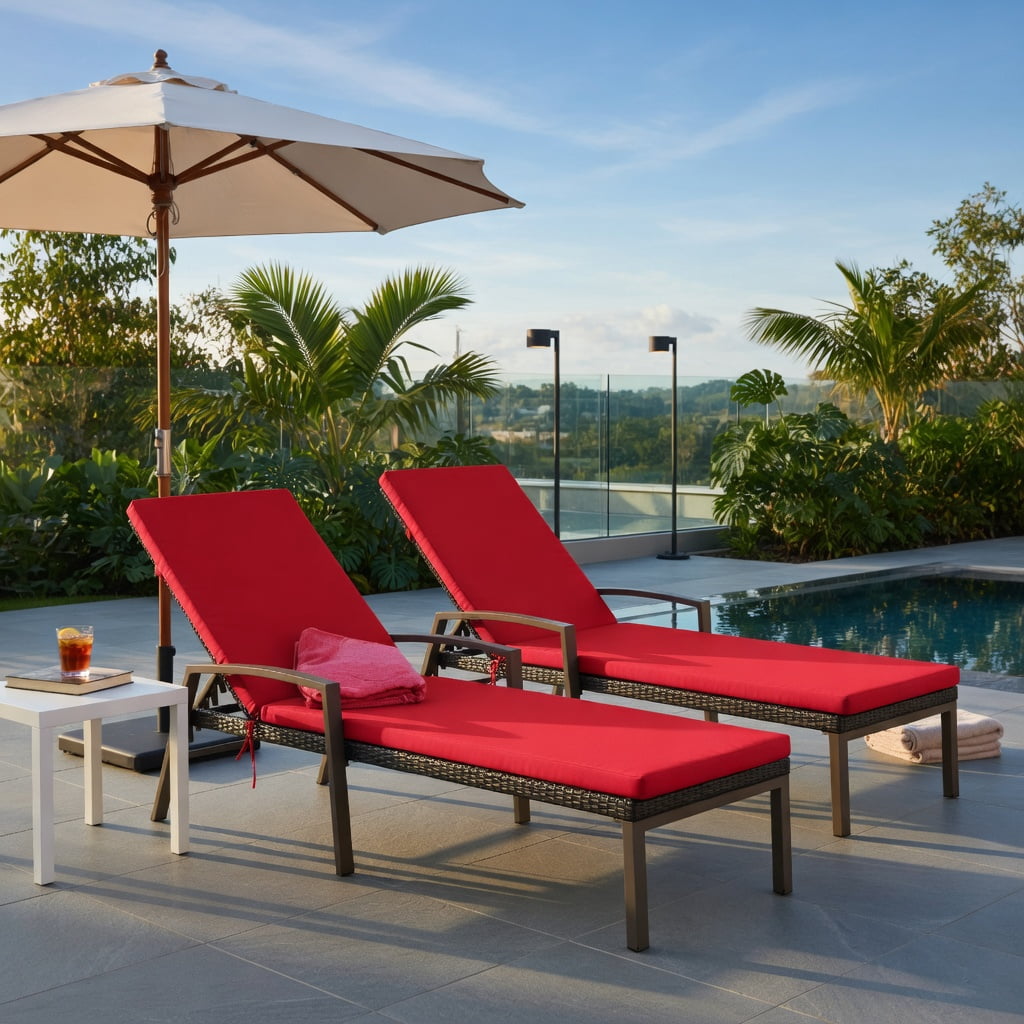 Hommoo 2-Pack Adjustable Outdoor Lounge Chairs with Removable Cushions, Steel Frame, PE Rattan, Weather-Resistant Patio Seating, Red