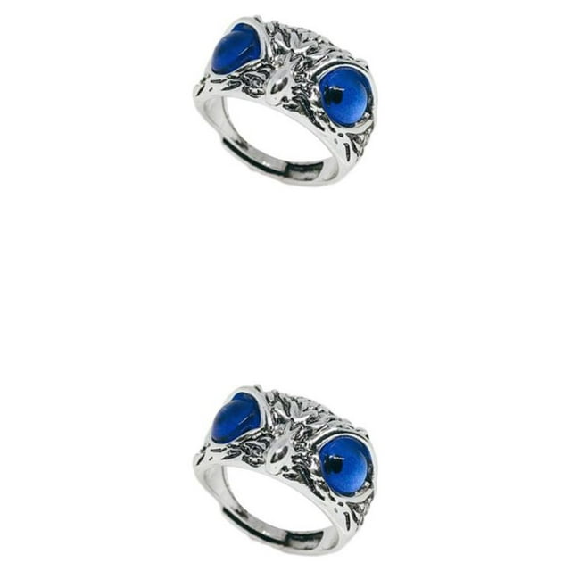 Minnieouse Anillo de ojo de búho retro Aleación duradera hecha y tamaño ajustable Anillo de búho de ojo Aplicación amplia Boda Azul oscuro Azul oscuro 2Conjunto