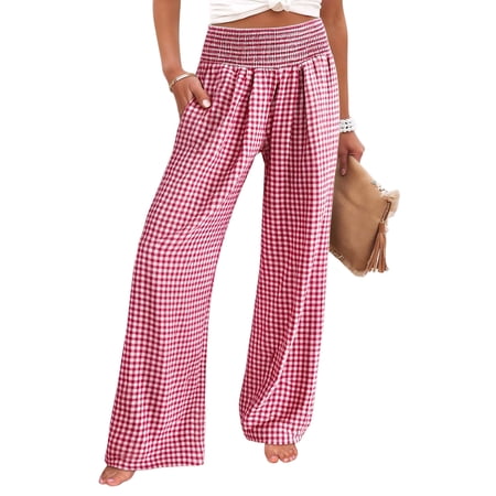 Osfvolr Women S Striped Gingham Palazzo Pants Wide Leg High Waisted Lounge Pajama Pants with Pockets Red XXL
