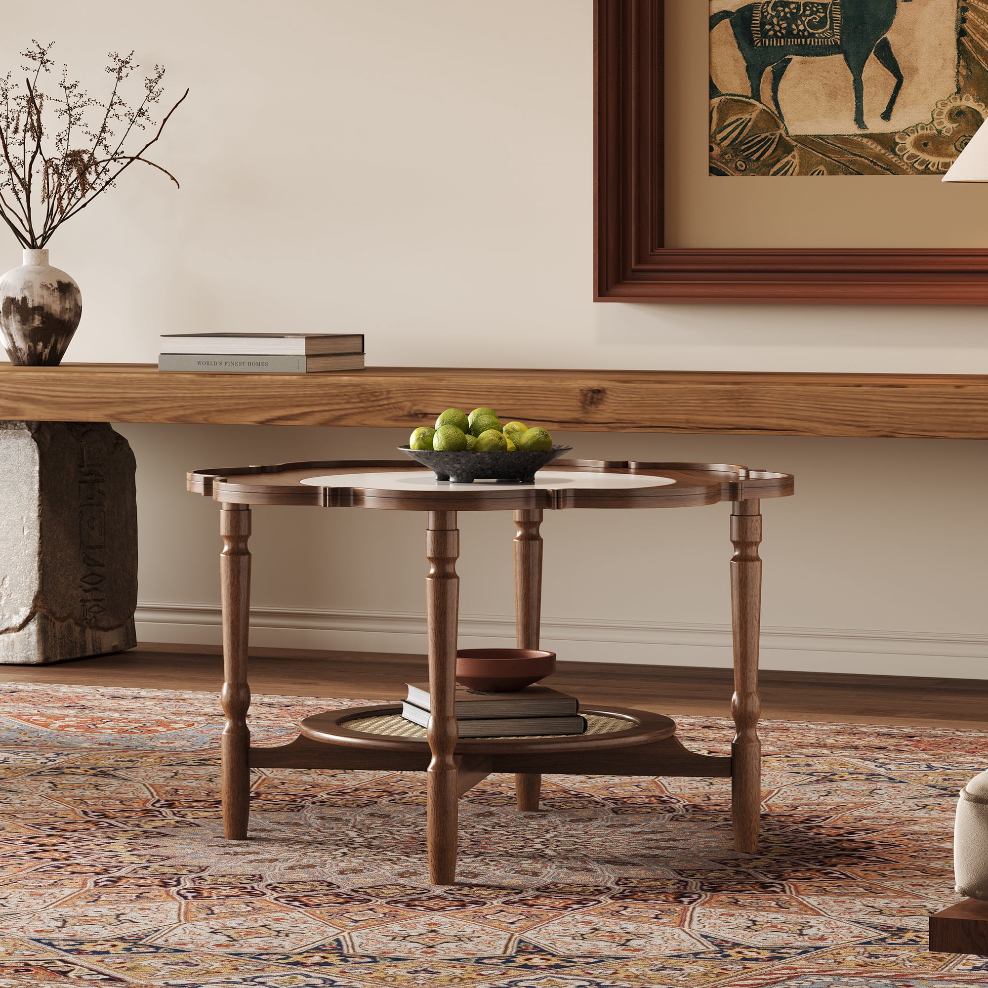 Euroco Mid-Century 31.5" Petal-Shaped Coffee Table with Crackle Glass Top and Rattan Shelf