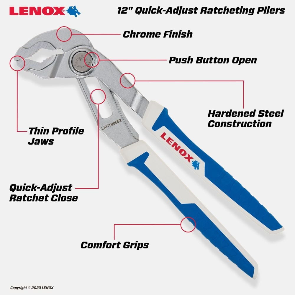 LENOX TOOLS LXHT90552 Quick-Adjust 12" Ratcheting V-Jaw Pliers