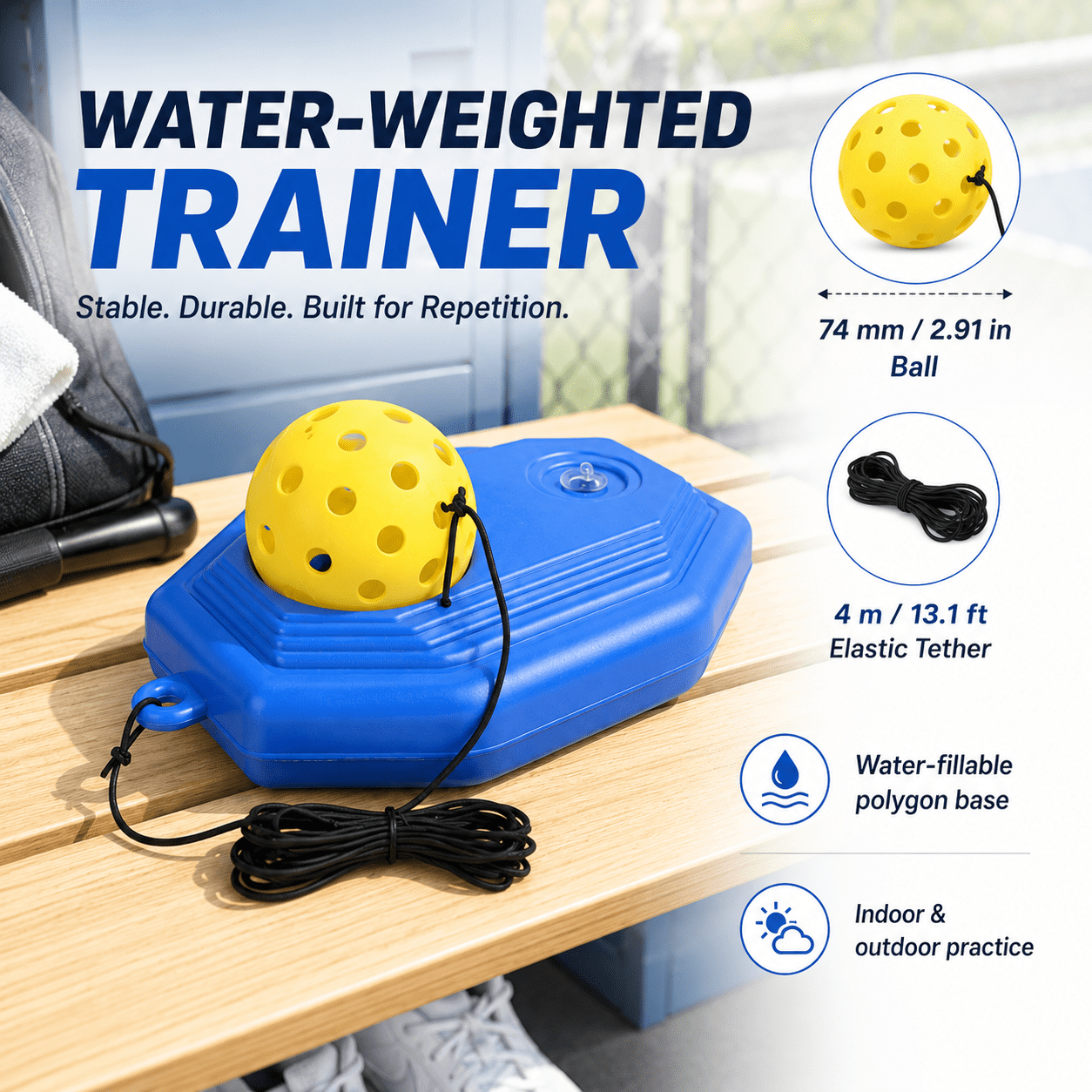 Solo Pickleball Rebound Trainer with Water-Fillable Base, 13.1 ft Elastic Tether and 74mm Practice Ball, Portable Pickleball Training Aid for Backyard and Indoor Practice, Blue