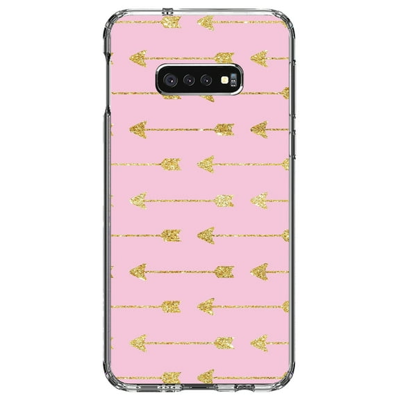 DistinctInk Clear Shockproof Hybrid Case for Samsung Galaxy S10e (5.8" Screen) - TPU Bumper, Acrylic Back, Tempered Glass Screen Protector - Pink & Gold Print - Arrows Pattern