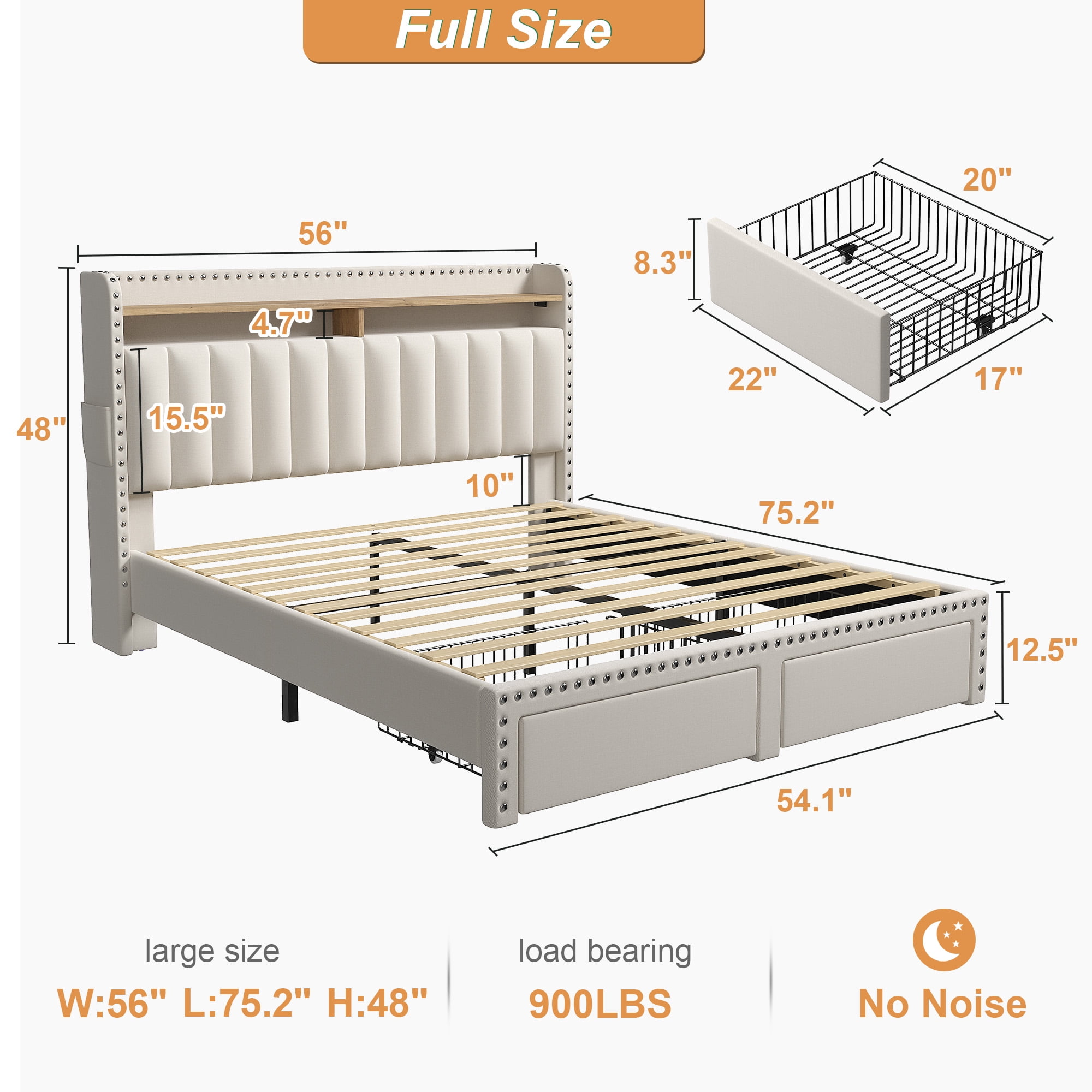 Bed Frame Full Size with Storage Headboard Upholstered Bed Frame with 2 Drawers & Side Storage Pocket,Beige