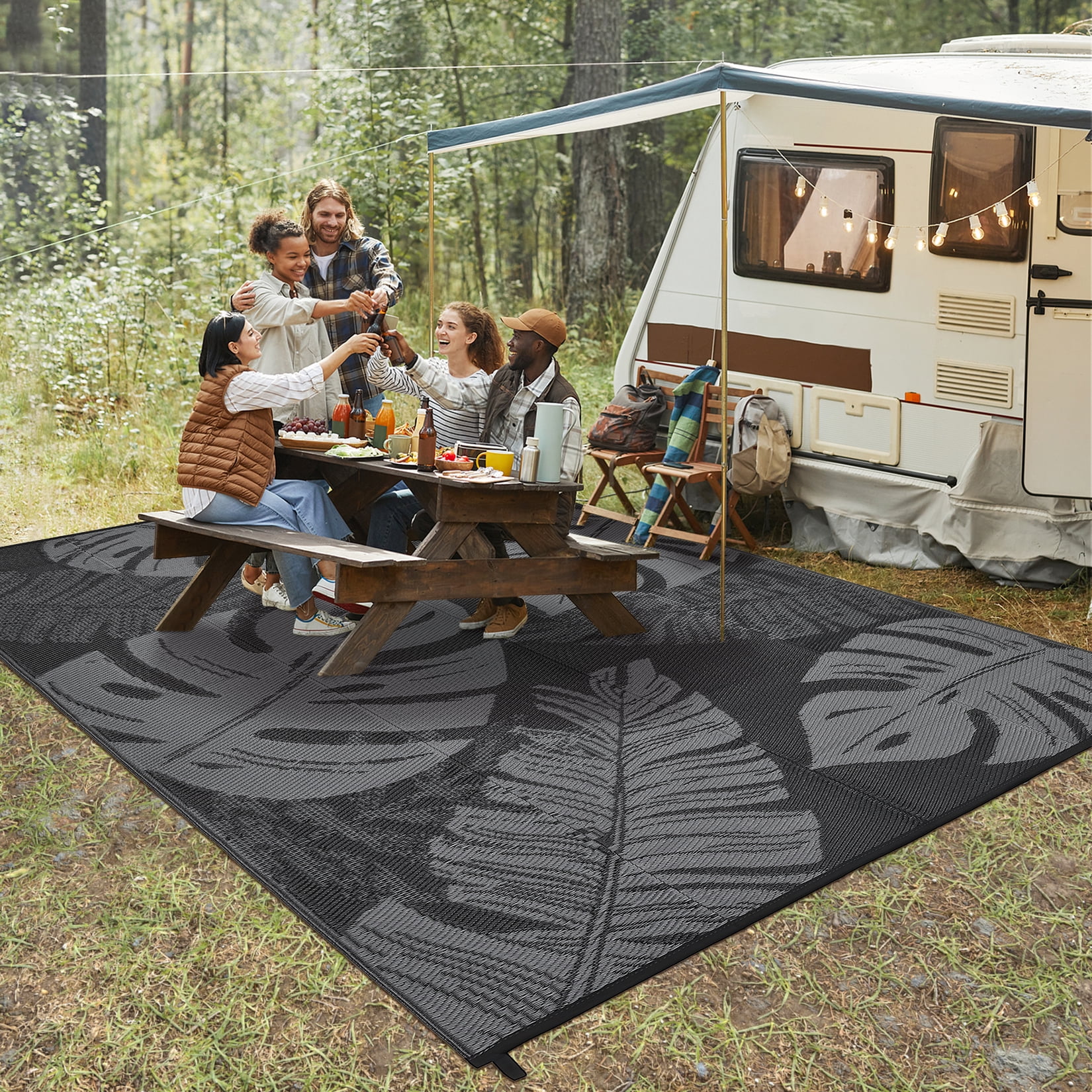 Garvee 9'x12' Outdoor Rug Waterproof Plastic Straw Rug, Modern Tropical Leaf Woven Carpet UV-Resistant Reversible Mat for Patio RV Deck Beach Porch, Black Gray