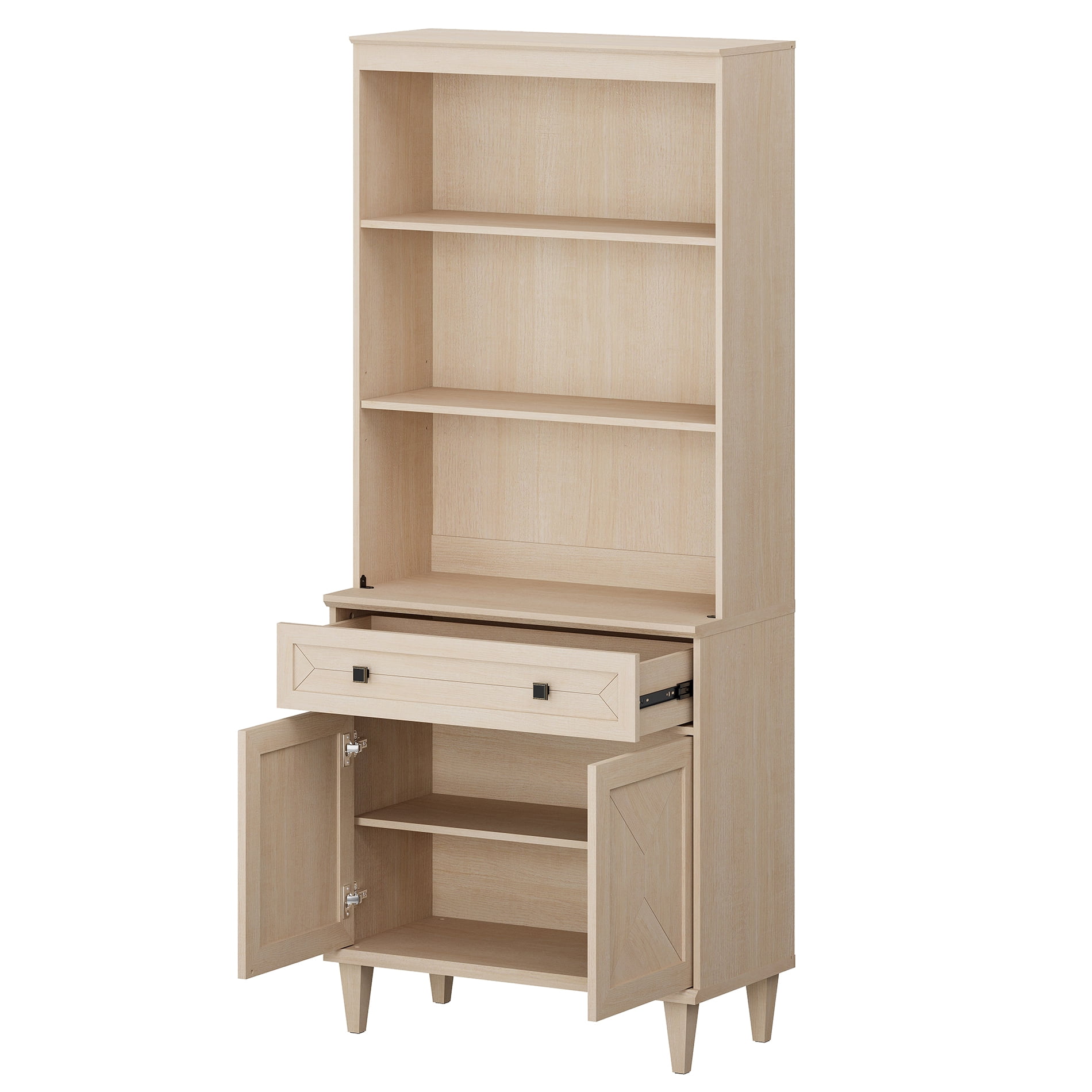 WAMPAT Handmade Patchwork 31.5" Wide Tall Bookshelf with Cabinet, Beige