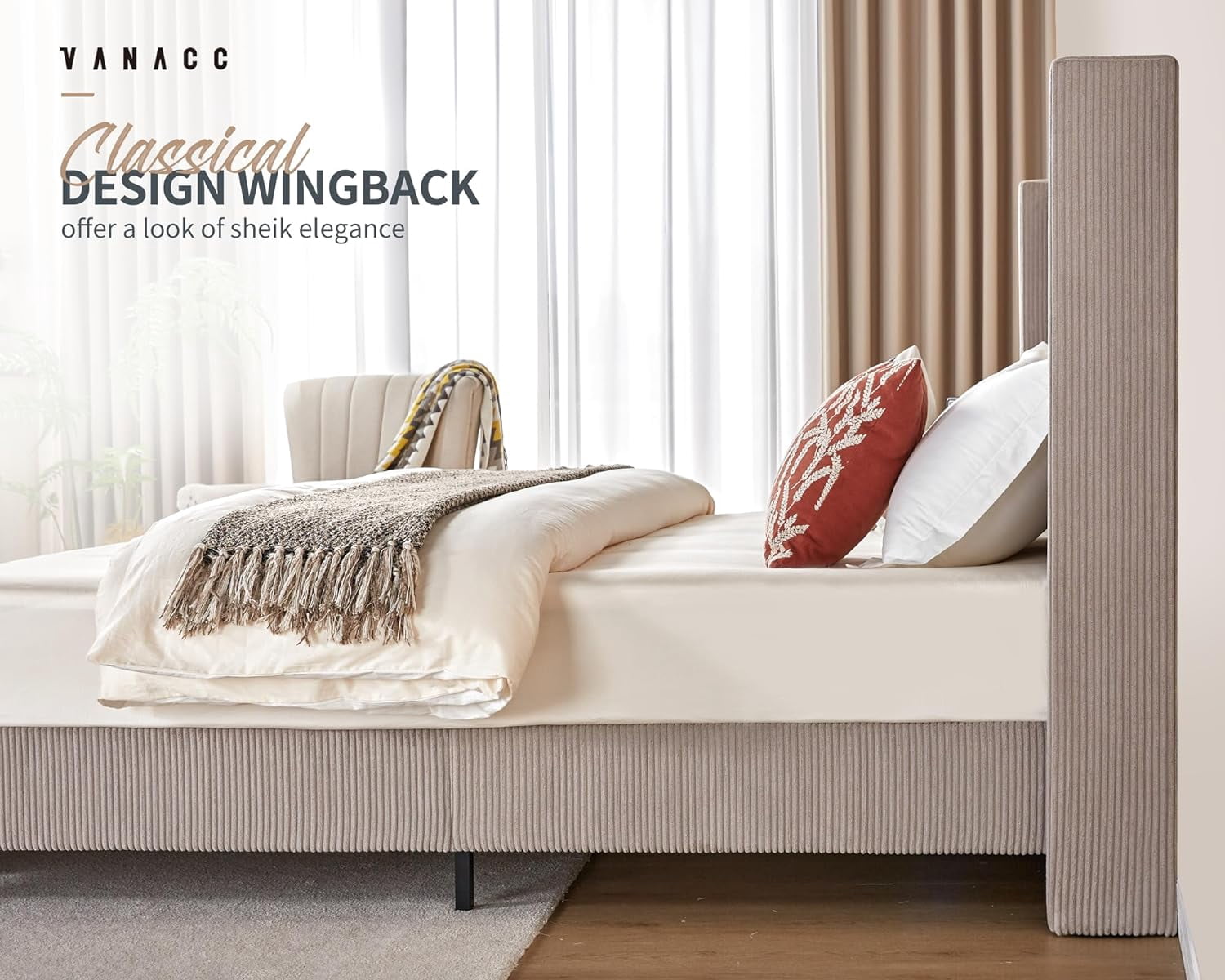 VanAcc King Size Platform Bed Frame, 50.8" Corduroy Upholstered Bed with Vertical Channel Tufted Headboard/Wooden Slats/Wingback, Taupe