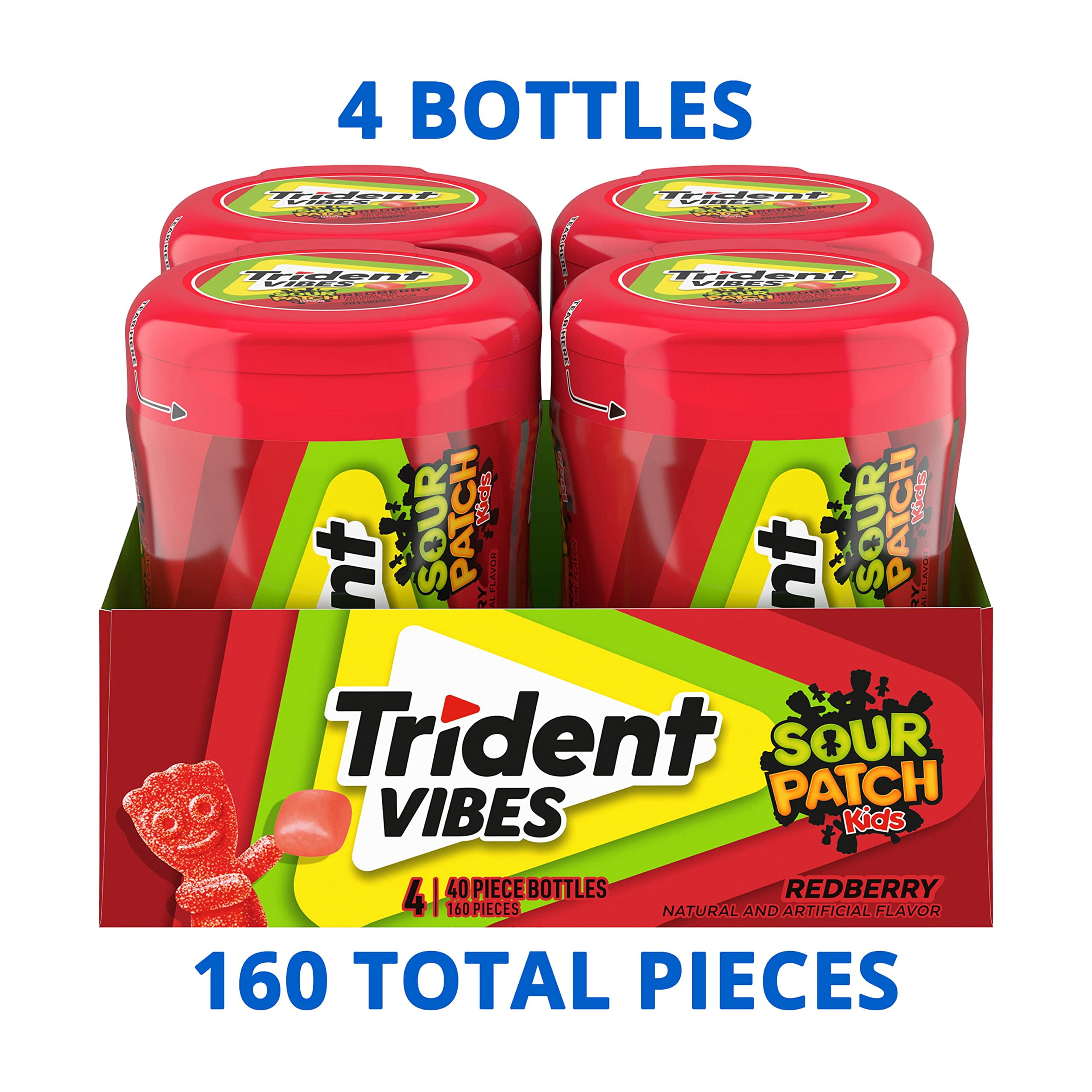 Trident Vibes Sour Patch Kids Redberry Sugar Free Gum, 4 - 40 Piece Bottles (160 Total Pieces)