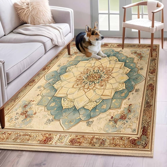 Brown Teal Floral Area Rug 4x6 Washable Rug Non Slip Vintage Botanical Ethnic Boho Large Area Rug Indoor Floor Carpet for Entryway Bedroom Kitchen Living Room Home Office Dining Room Nursery