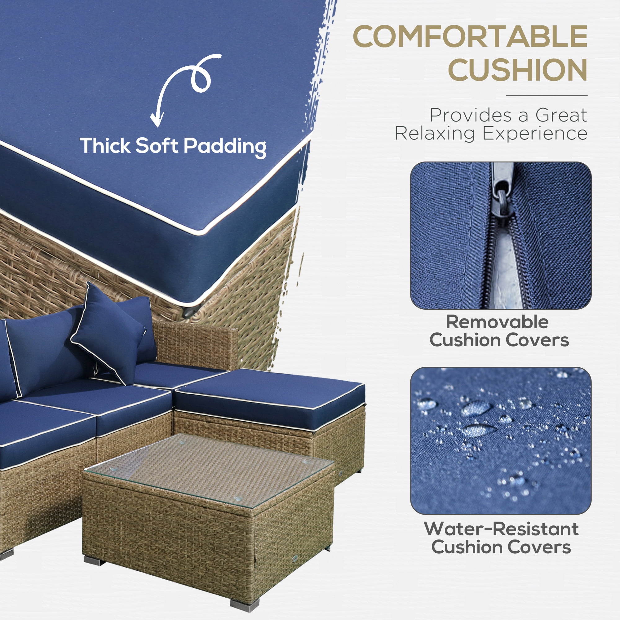 Outsunny 6 Piece Patio Furniture Set Outdoor Wicker Conversation Set All Weather PE Rattan Sectional Sofa Set with Ottoman, Cushions and Tempered Glass Table, Mixed Yellow and Navy Blue