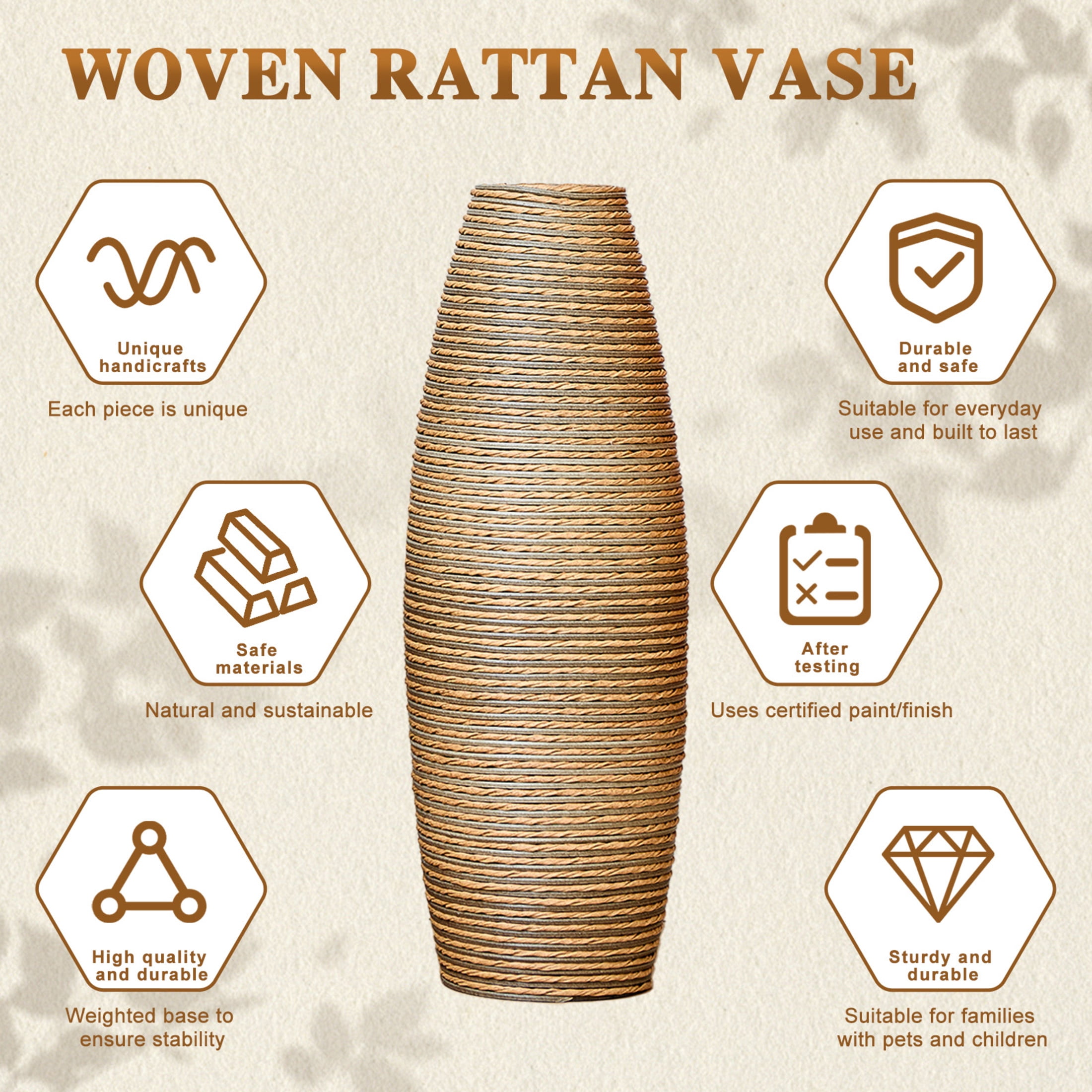 Noble House 19.69", 23.2", 27.56" PVC Floor Vase Set of 3, Handcrafted Rattan-Like, Beige Brown