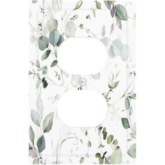 Boho Greenwhite Eucalyptus Leaf Floral Outlet Covers 1 Gang Duplex Light Switch Cover Decorative Switch Plates Electrical Receptacle Faceplate Wall Plate for Bedroom Living Room Decor