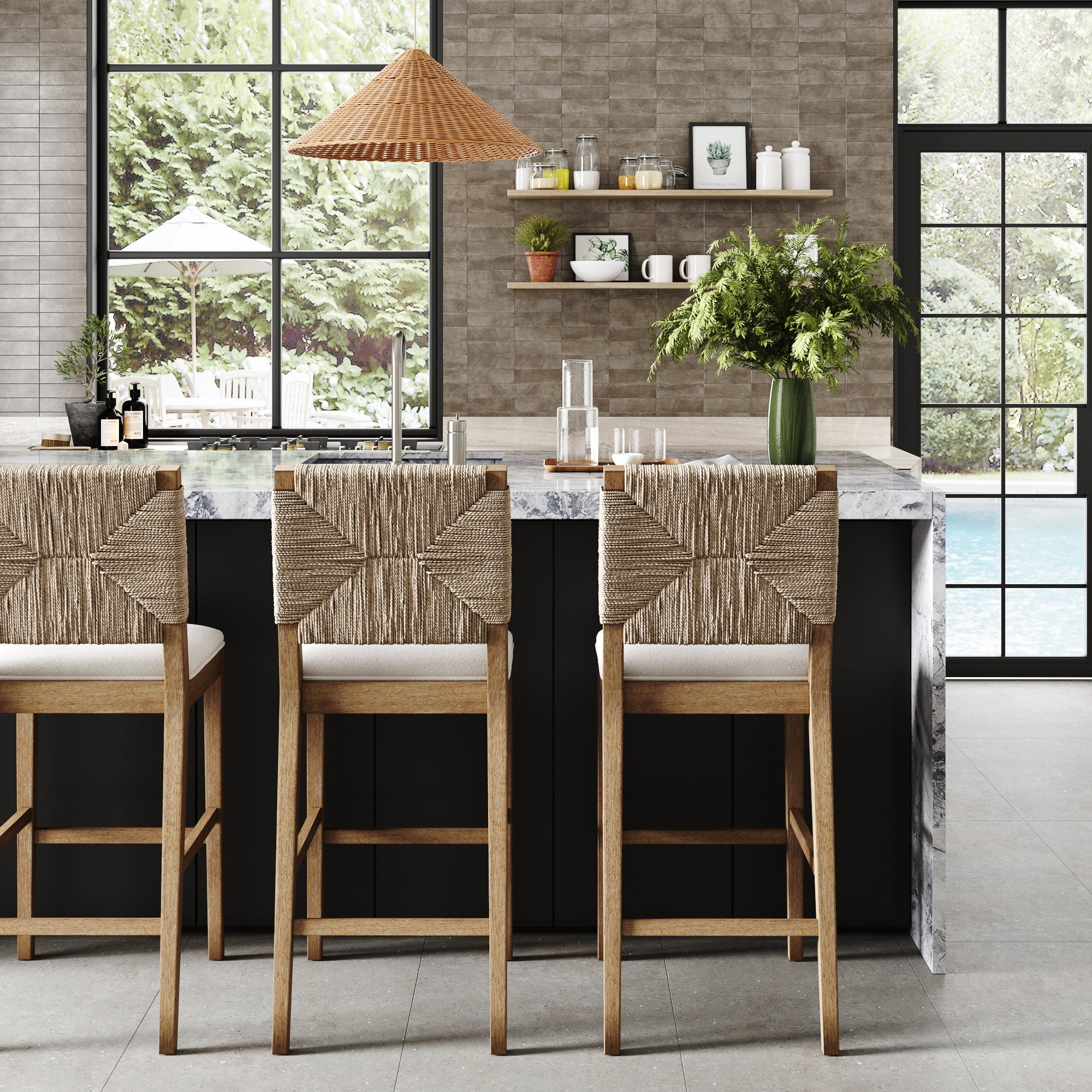Nathan James Beacon Bohemian Boucle Bar Stool with Back, Bar Height Kitchen Island Chair, Seagrass Bar Stool, Cream Boucle/Brushed Light Brown