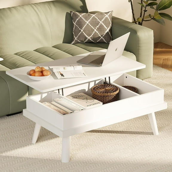 Meilocar Wood Lift Top Coffee Table With Hidden Compartment for Living Room Reception Room, 39.4in L, White