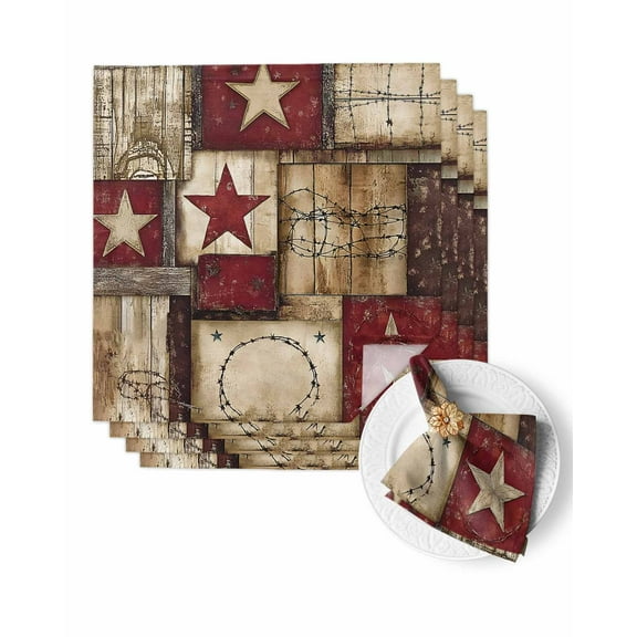Cloth Napkins Farm Texas Country Star Wood Grain Washable Soft Kitchen Dinner Napkin Set of 4,Western Retro Wooden Plank Reusable Cocktail Napkins for Wedding Holiday Party Event,20x20In