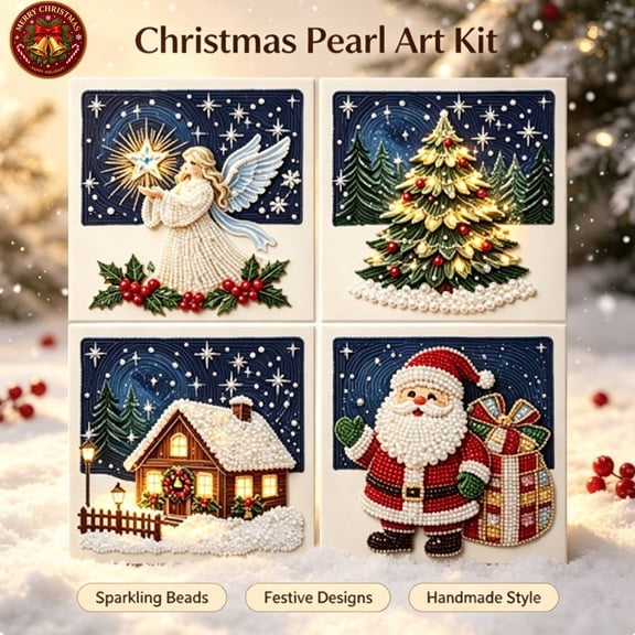 Qocolcyl Christmas Pearl Bead Art DIY Set for Beginners,Holiday Craft Kit with Printed Canvas, Plastic Beads & Complete Tools, Festive Angel Santa Tree House Designs, Family DIY Wall Art Holiday Gift