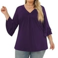 thumbnail image 3 of WCMZJ Womens Plus Size Tops 3/4 Length Sleeve V Neck Pleated Shirts Ruffle Bell Sleeve Loose Fit Tunic Blouse Purple XL, 3 of 7
