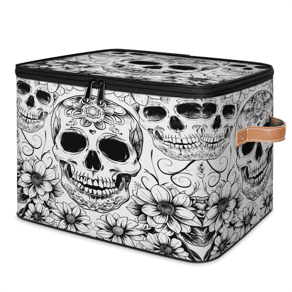 CURLYOOT Black White Skull Fabric Storage Bins with Lids, Skeleton Floral Halloween Foldable Storage Boxes Washable Storage Cube, Closet Bedroom Home Organizer Containers with Handles
