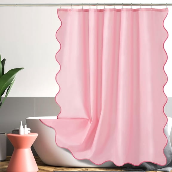 AUQ Pink Scalloped Shower Curtain,Cute Pink Ruffle Shower Curtains Boho Pretty Aesthetic Preppy Waterproof Fabric Girls Bath Bathroom Decor with Metal Hook 72 W x 72 H Inch
