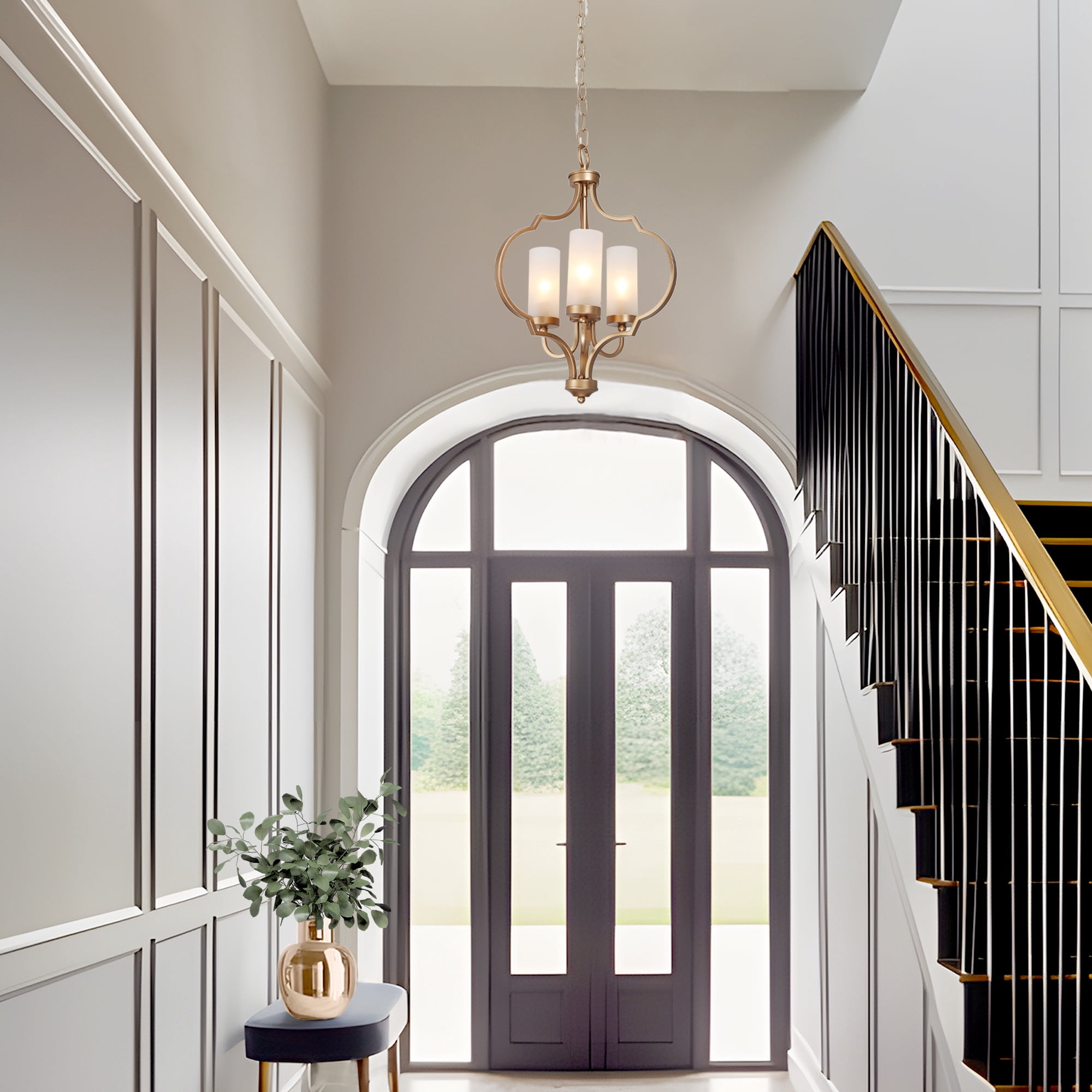 LNC Charm 3 -Light Matte Gold Cage Frosted glass Metal Chandelier