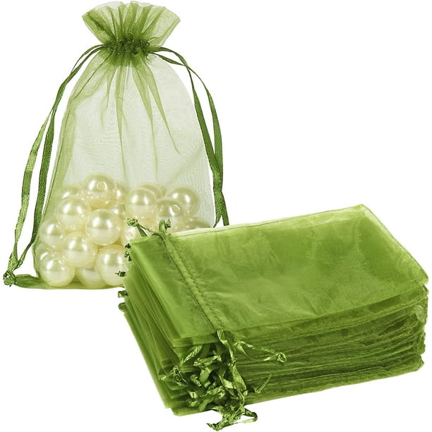 HRX Package 100pcs Organza Drawstring Bags Olive Green, 4 x 6 inch