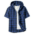 thumbnail image 5 of AJTQTH Fashion Boys Plaid Button Down Flannel Hoodie Shirts Lightweight Casual Summer Short Sleeve Hooded Outwear Jacket with Pockets Blue 14-15 Years, 5 of 5