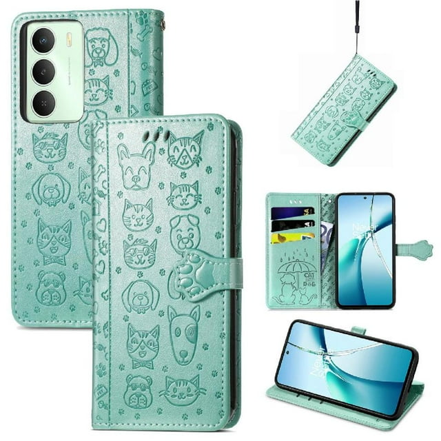 Étui Rabattable pour FOXDOCK Realme 14 5G, Chat et Chien en Cuir PU Embossé avec Fentes pour Cartes, Support