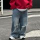 thumbnail image 3 of Odeerbi 2-14 Años Niños Pantalones Vaqueros de Piernas Anchas Rasgados Pantalones Vaqueros de Cintura Elástica de Color Sólido, 3 of 3