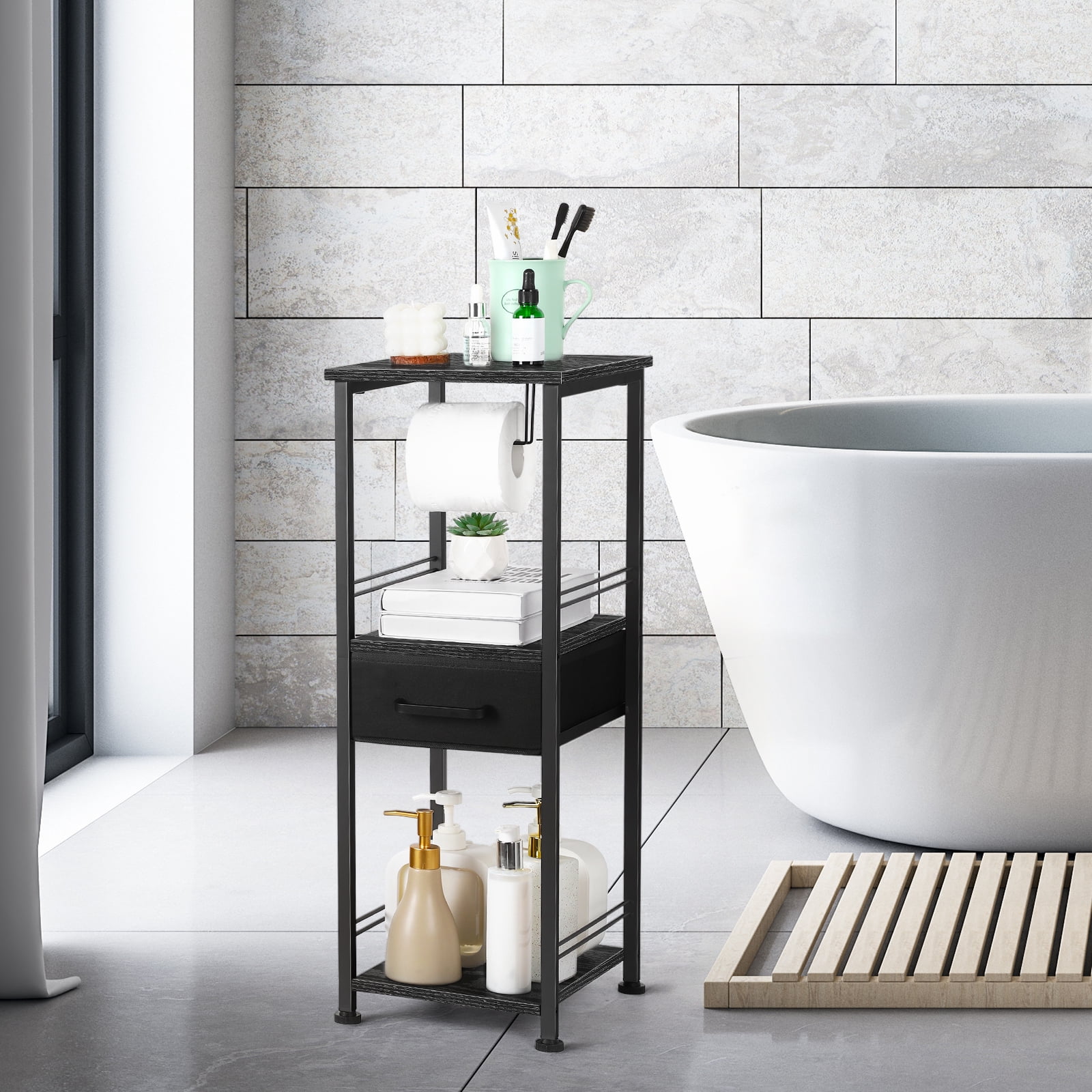 3-Tier Bathroom Storage Cabinet Tissue Holder Black