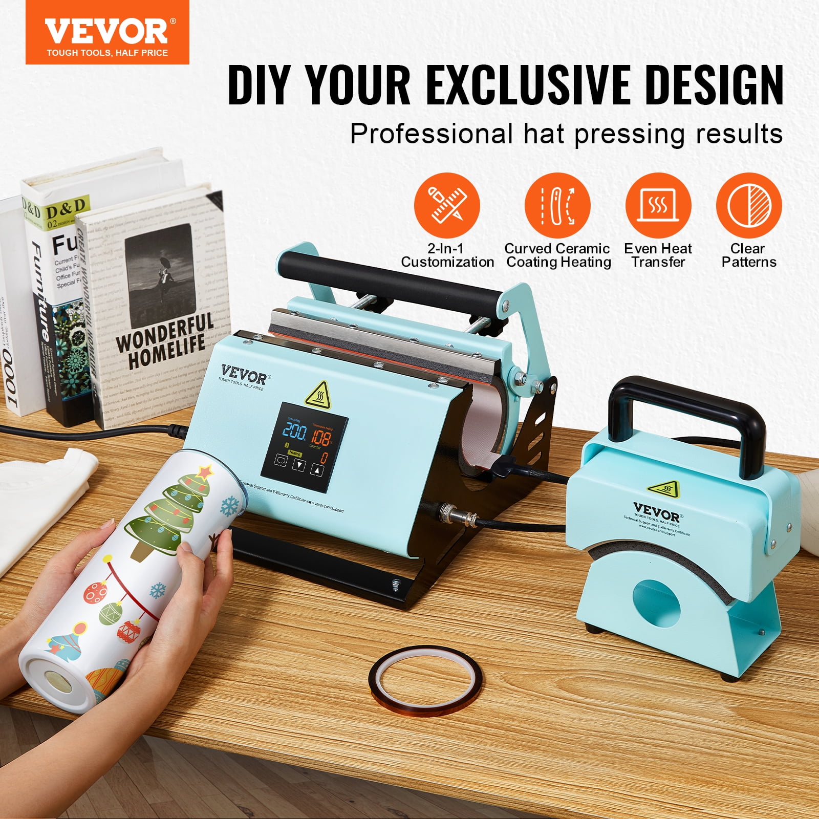 VEVOR 2 in 1 Tumbler and Hat Heat Press Machine, Mini Hat Heat Press for Caps and Hats, Tumbler Heat Press for 11-30oz Sublimation Tumblers and Mugs, Temperature and Time Control, Green