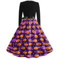 thumbnail image 4 of Women's Halloween Dress Candy Witch Hat Long Sleeve Hepburn Cocktail Funny Dress V Neck 1950s Fall Casual Tea Length Dress with Belt XL, 4 of 5