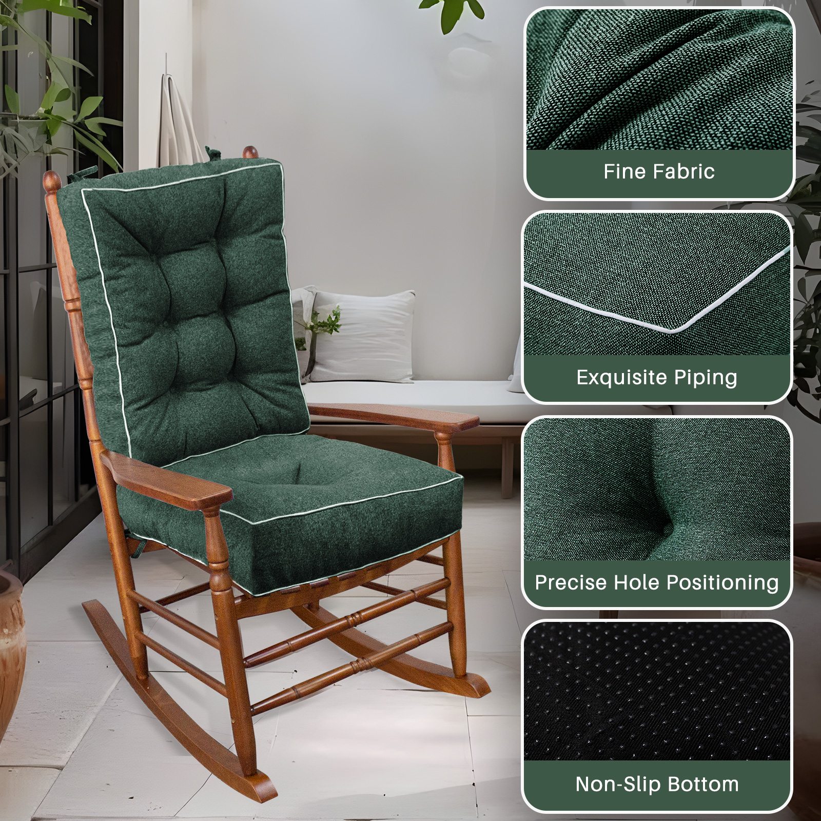 Galenzoov 28×18×5 inch Ultimate Comfort Rocking Chair Cushion Set - Luxurious Thick Memory Foam with Non-Slip Ties, Water-resistant Seat & Back Pillows for Indoor/Outdoor Rockers, Dark Green