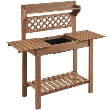 Topeakmart Garden Potting Bench Outdoor Wooden Work Station Table with Sliding Tabletop, Brown