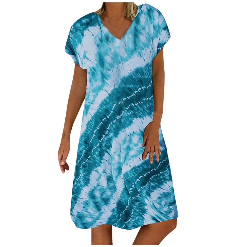 Lovely Nursling Womens Plus Size Summer Dresses Tie-dye Printing V Neck Short Sleeve Pockets T Shirt Loose Dress