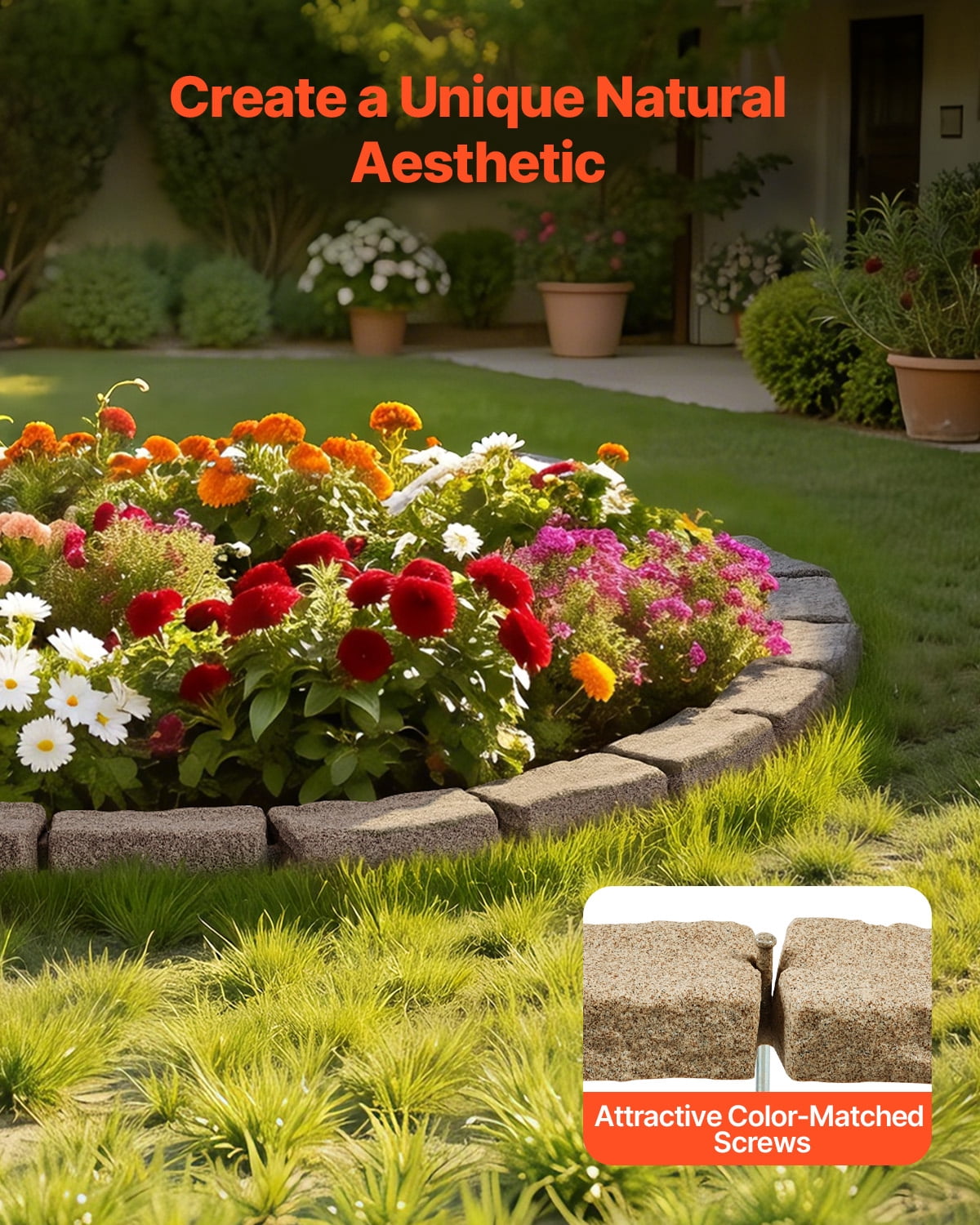 KFFKFF Imitation Stone Landscape Border, 46.4 x 2.2 in Authentic Lawn Border, Adaptable Brick-Like Garden Border with Grounding Pegs, Durable Driveway and Walkway Edging in Beige, Resistant to Fading