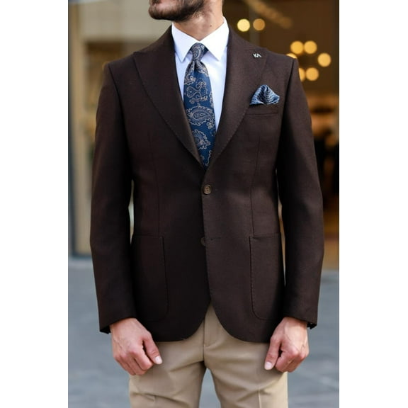 Jacket, Stylish Special Design 80% Wool Slim Fit Brown Classic Men's Jacket