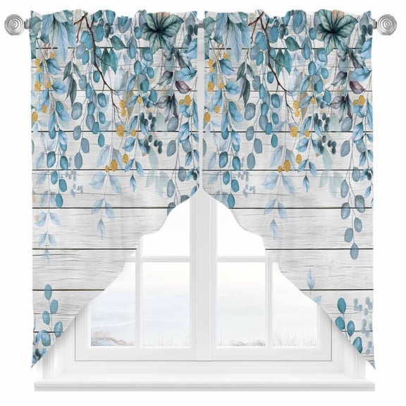 Blue Eucalyptus Swag Curtain Valance for Windows, Leaves Branches Farmhouse Retro Wood Grain Window Treatments Short Swag Topper for Kitchen Windows Bathroom Bedroom, 28"x36"