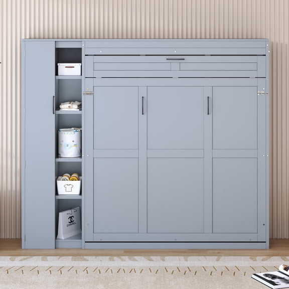 Miekor Furniture Queen Size Murphy Bed Wall Bed with Shelves, Wardrobe and LED Lights,Gray MK8936