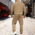 thumbnail image 5 of Men's Winter 2-Piece Set, Quarter-Zip Stand Collar Fleece Sweatshirt with Multi Pockets and Cargo Jogger Pants, Casual Workwear For Cold Weather,Camel,M, 5 of 8