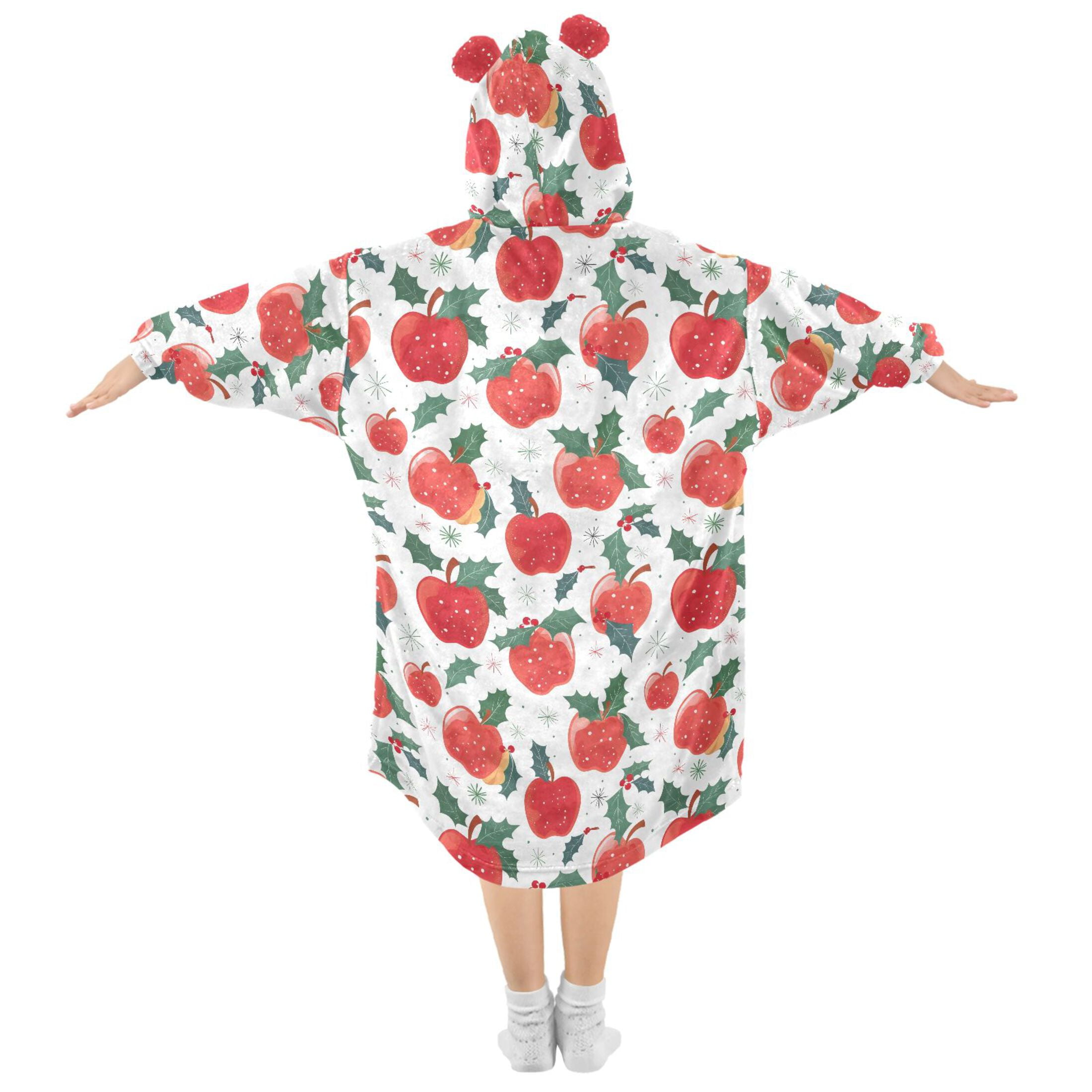 Wearable Blanket Hoodie for Kids Apple Snow Flannel Hooded Blanket with Pockets and Sleeves Suitable for Boys and Girls