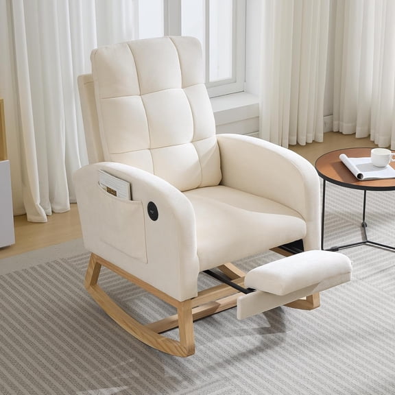 Nursery Rocking Chair, Glider Rocker Chairs for Nursery, Modern Rocking Armchair with Footrest and Side Pocket & USB Port, Linen Fabric Upholstered Glider Chair for Nursing Room, Living Room, Bedroom