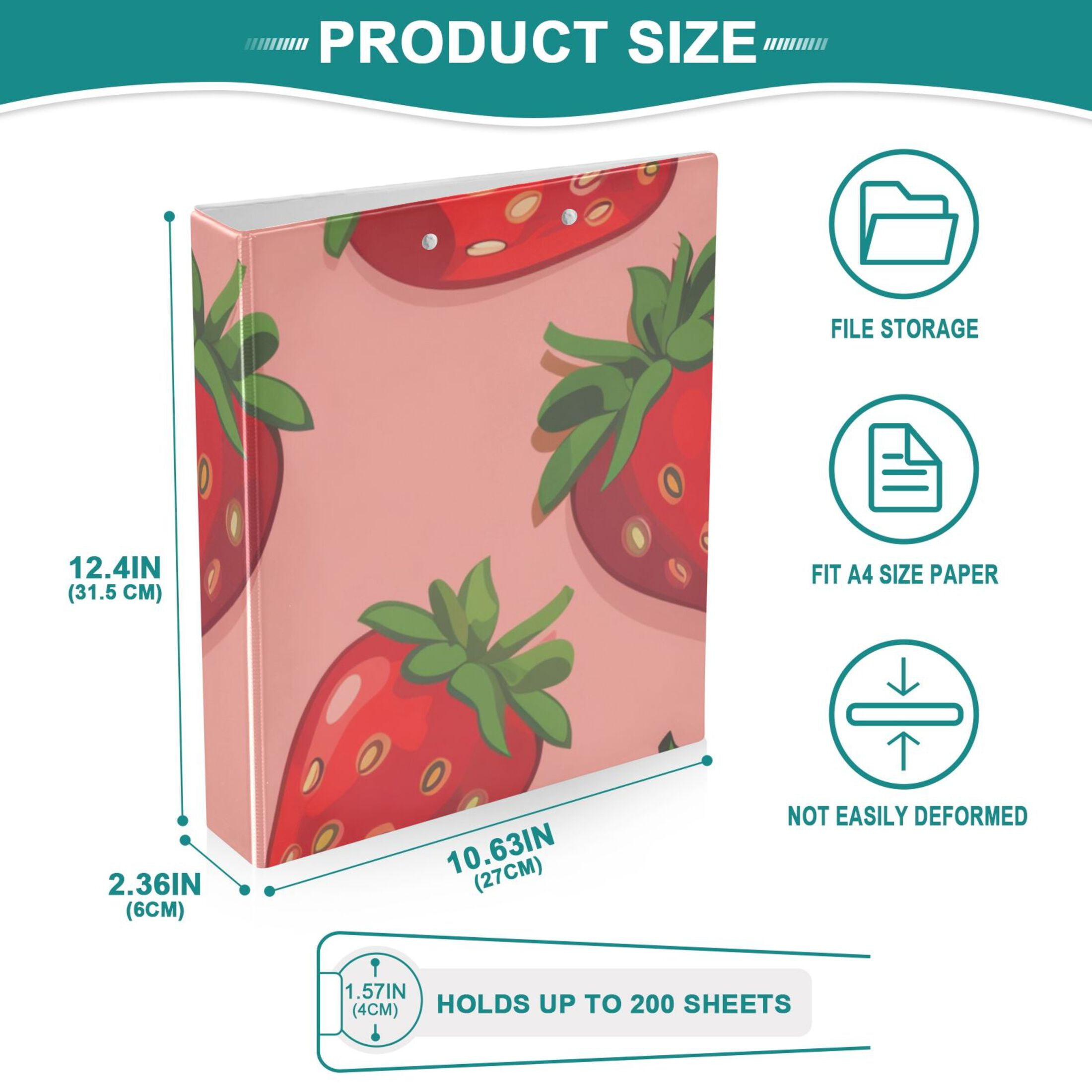 Strawberries Flowers 3 Ring Binders 1.5 inch Hardcover File Folders with Interior Pockets A4 Size Organizer for School Office Hospital