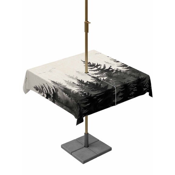 Outdoor Table Cloth with Umbrella Hole and Zipper, Mist Forest Waterproof Square Tablecloth 54"x54", Beige Farmhouse Vintage Nature Scenery Washable Table Cover for Outside Party Patio Picnic