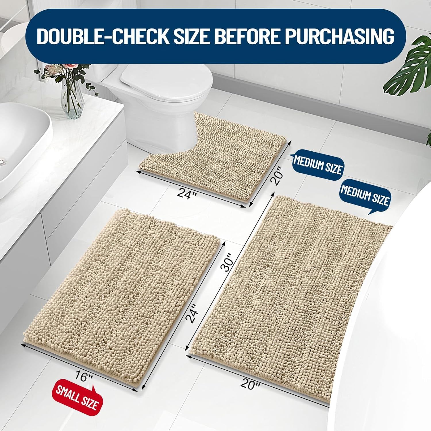 Chenille Striped Bathroom Rugs 24x16, Extra Thick and Absorbent Bath Rugs, Non-Slip Soft Plush Shaggy Bath Carpet, Machine Wash Dry, Bath Mats for Bathroom, Beige